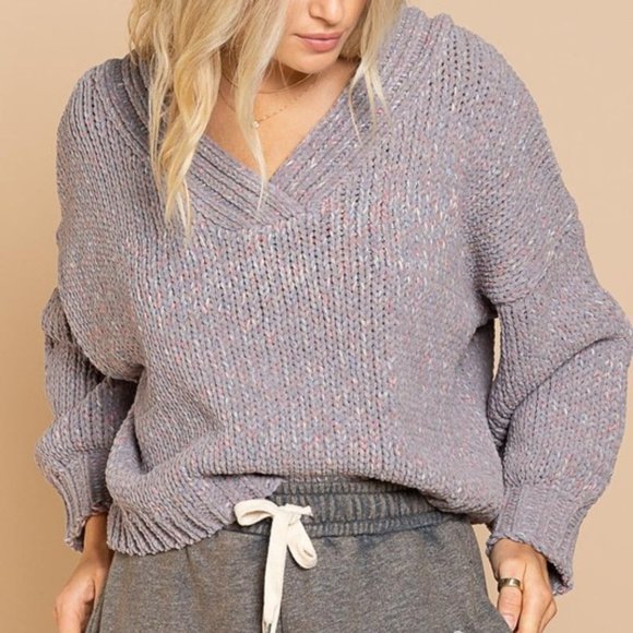 Grey Chunky Knit V-Neck Sweater - Picture 1 of 6